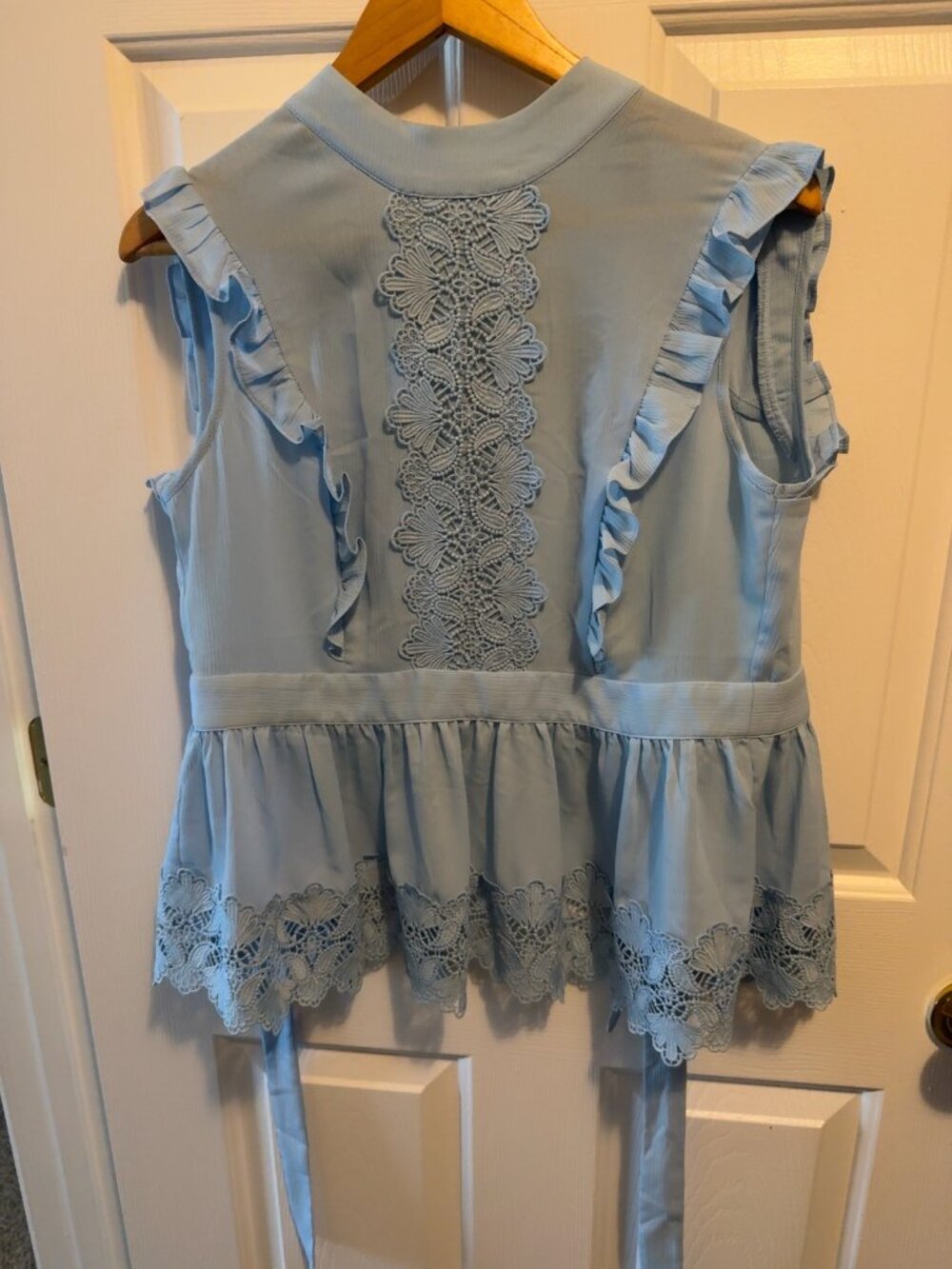 New York & Company Blue Lace Ruffle Peplum Tie Waist Blouse M